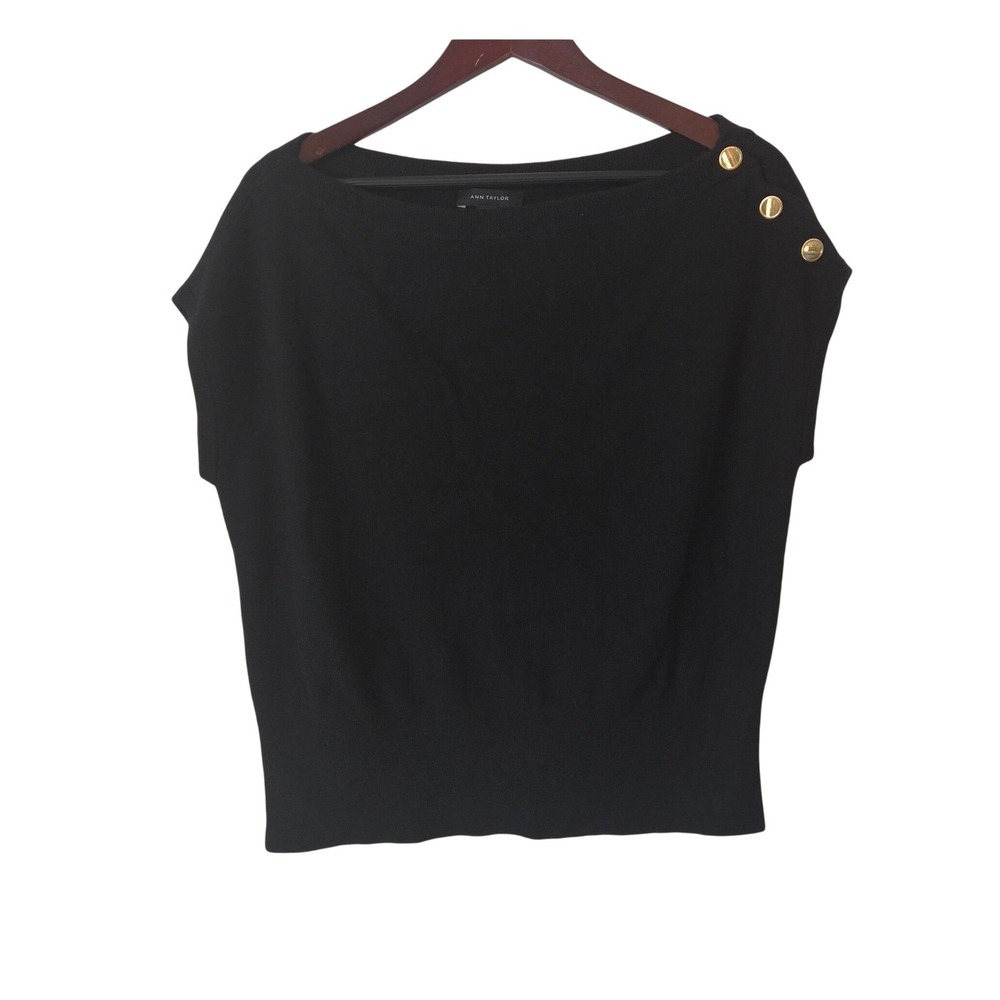 Ann Taylor Sweater Top Black Size L NWT Boatneck Gold Button Cap Sleeve Preppy
